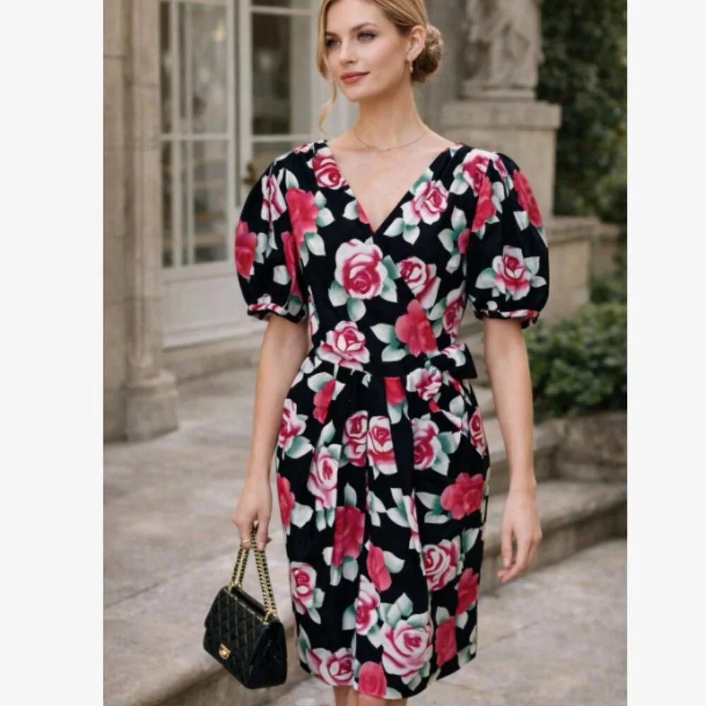 Vintage Nipon Boutique Silk Dress 8 Black Airbrushed‎ Roses Side Bow Wrap Look